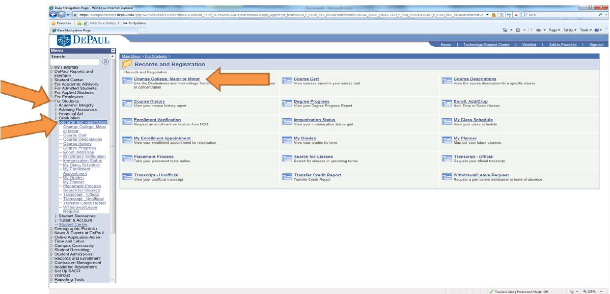 screenshot of where the Change Manjor/Minor form is in Campus Connect