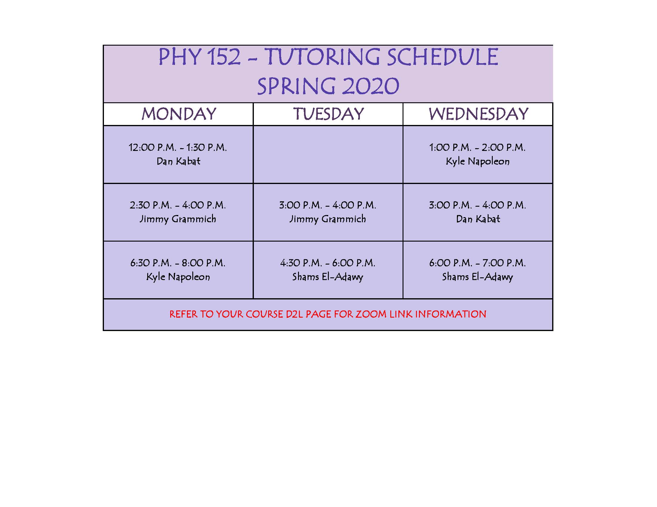 Tutor Schedule Physiscs 152 Tutor Schedule Physiscs 152