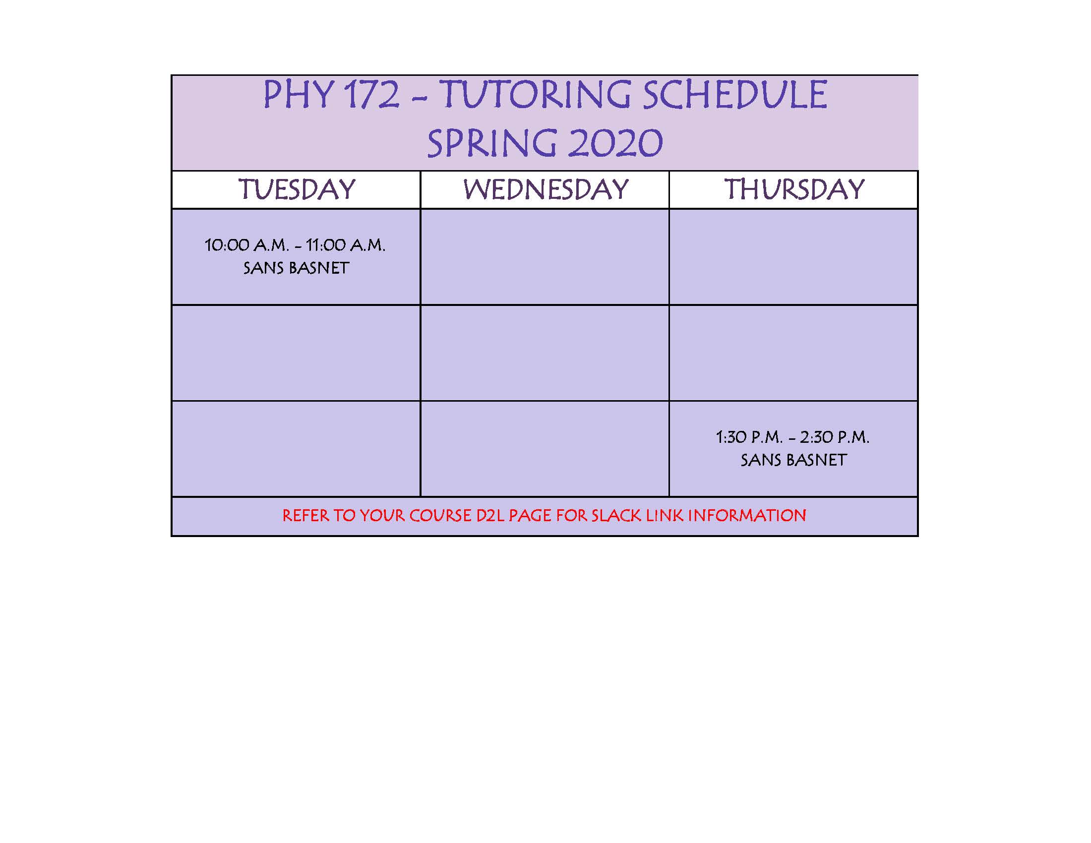 Tutor Schedule Physiscs 172 Tutor Schedule Physiscs 172